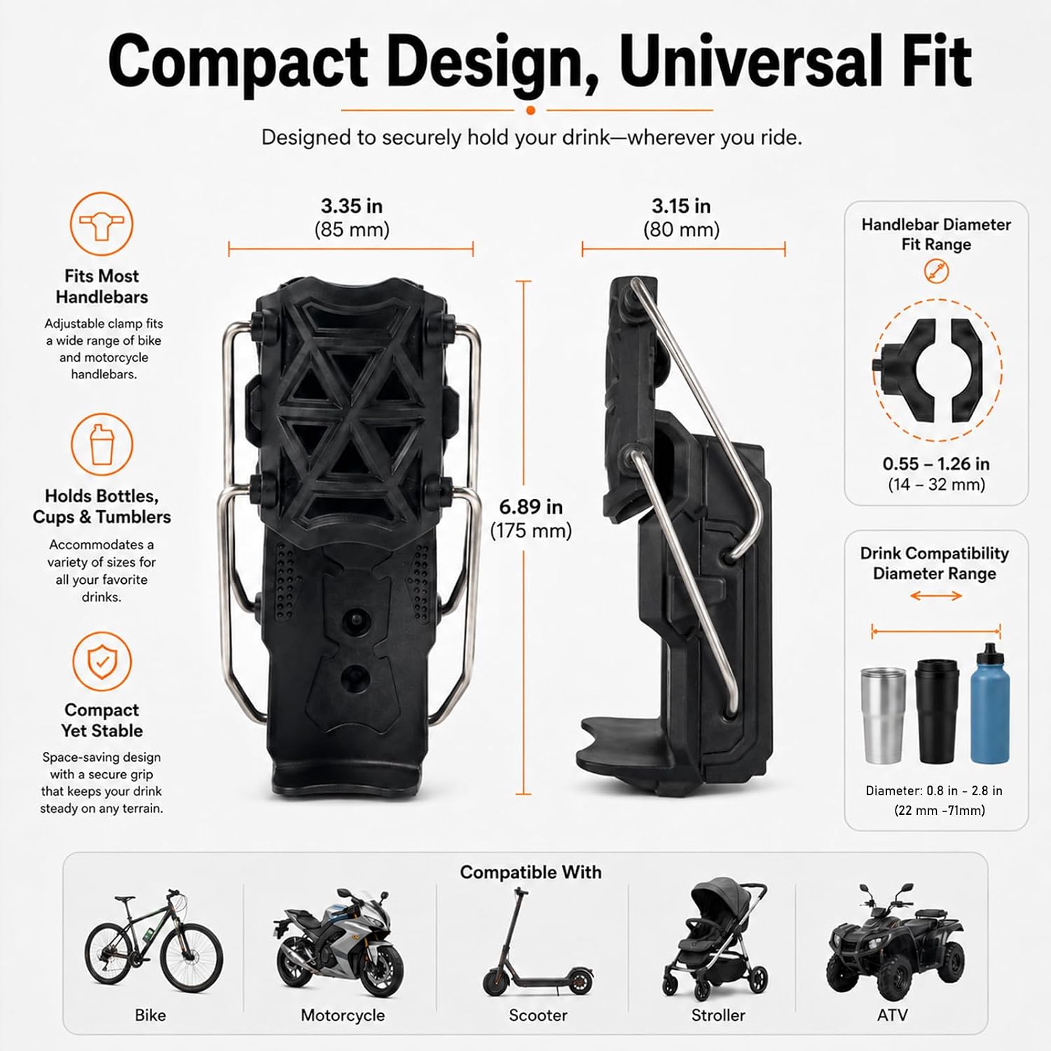 Adaptive Cycling & Motorcycle Cup Holde，360° Rotating Universal Fit for Bike, Scooter, ATV & Stroller,Boat Drink Mount，Adjustable Bottle Holder Fits 0.8–2.8 in(Black)