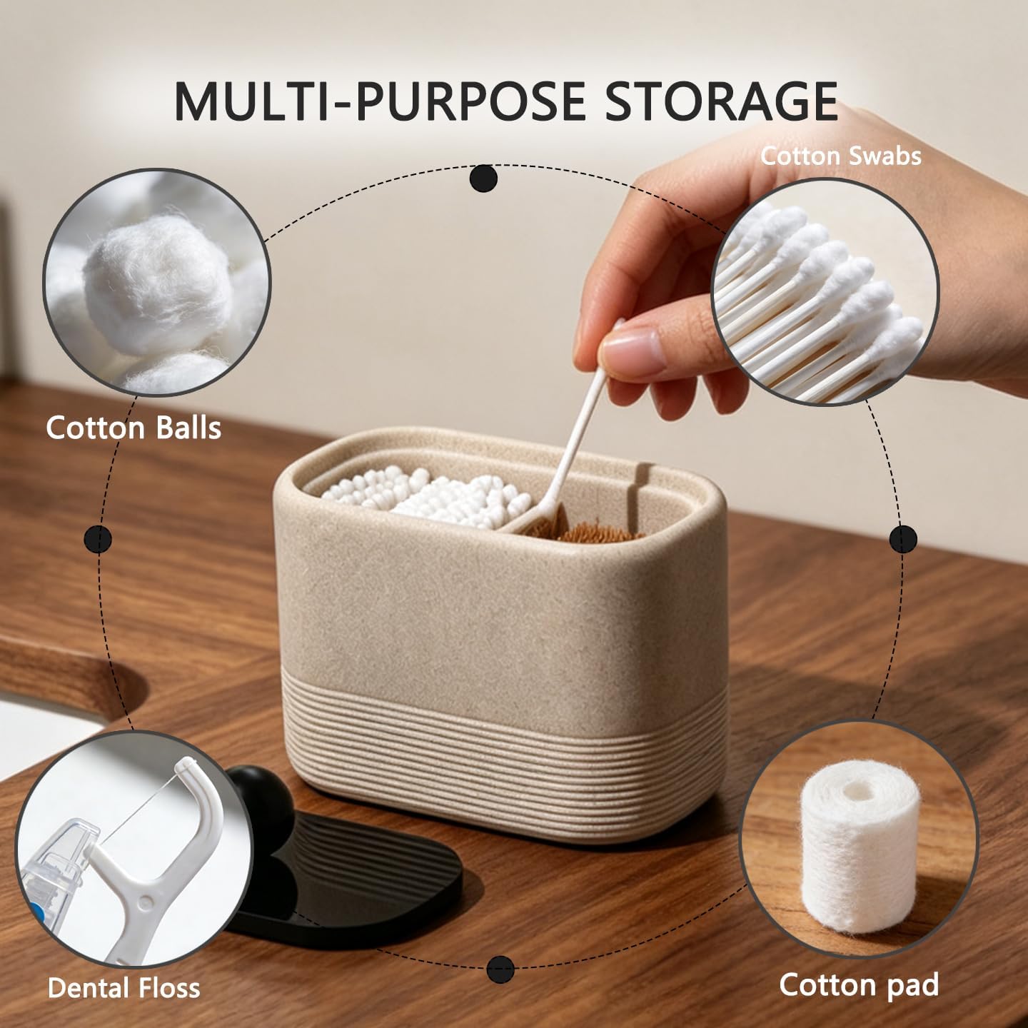 Double compartment resin cotton swab holder with lid, bathroom cotton swab storage box, ideal for storing cotton pads, dental floss sticks, makeup sponges, and various small bathroom items (Beige)