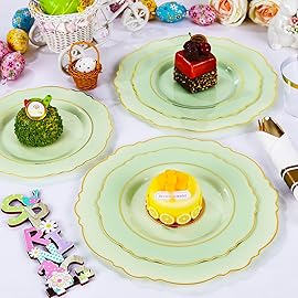 Liacere 350PCS Light Green Plates - Disposable Green and Gold Plastic Plates 50guest Baroque Dinnerware include 100Plates,50Pack Pre Rolled Napkins with Silverware 50Cups for Mother\'s Day