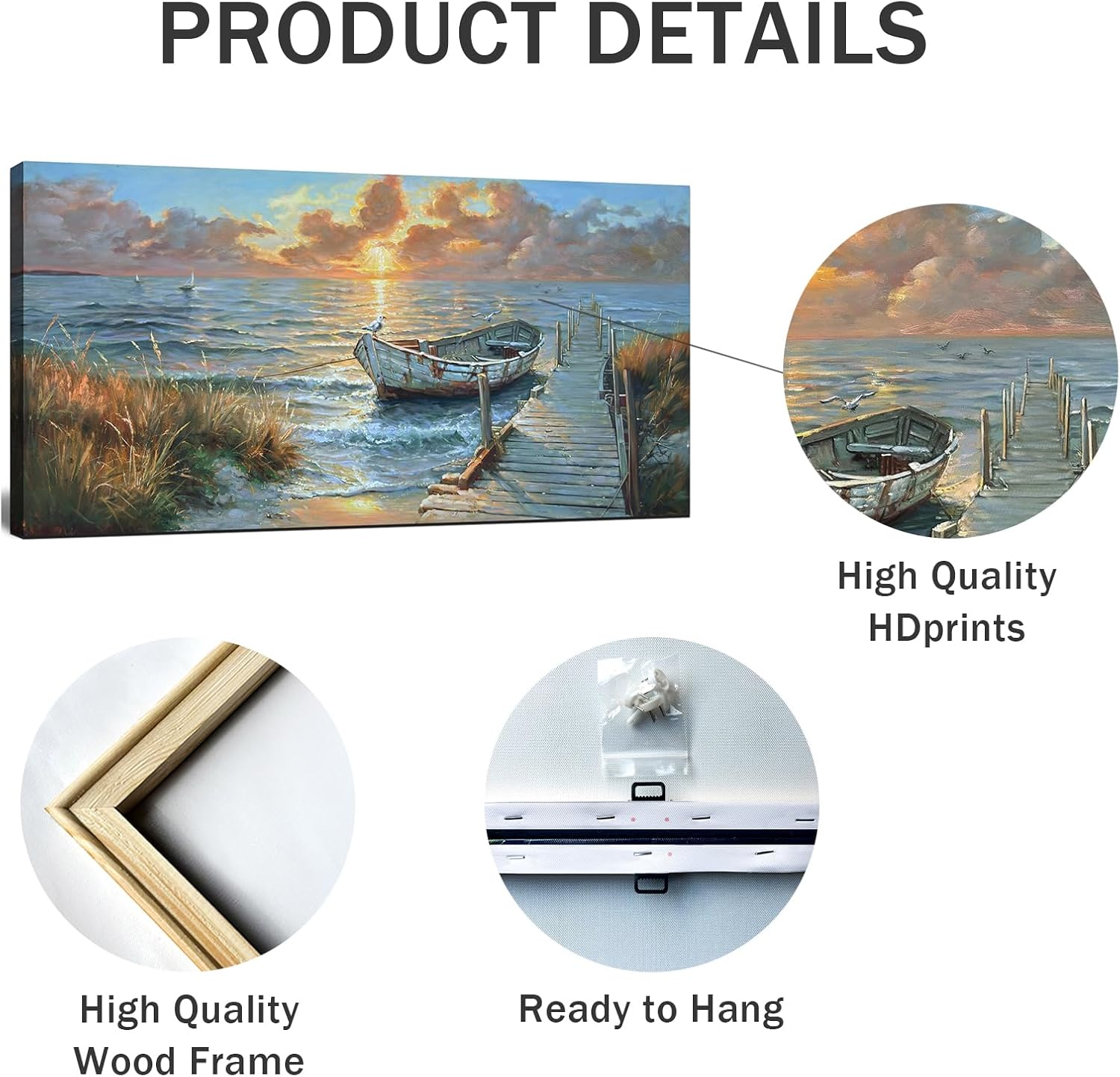 Sunset wall decoration painting Ocean beach sailing boat painting - Ocean scene painting Interior decorative art pieceRural style vintage large-sized framed workSuitable for bathrooms, living rooms, bedrooms, offices, and home decoration. Size: 20 inches × 40 inches.