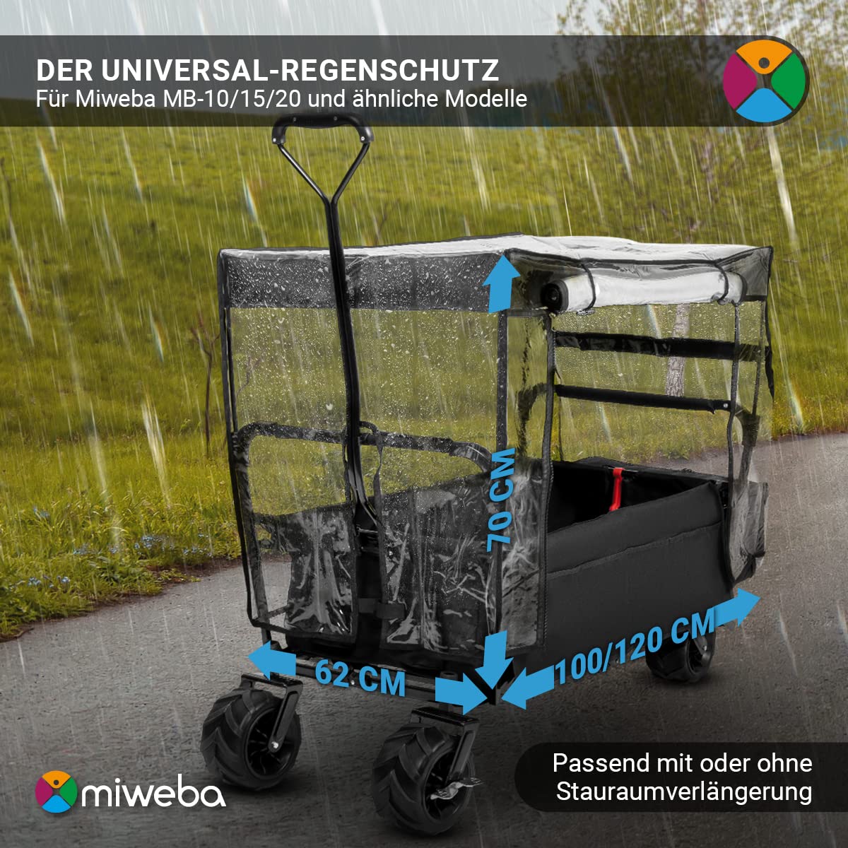 Miweba Regenschutz für faltbaren Bollerwagen MB-10 MB-15 MB-20 100 Kg Traglast Dach Handwagen faltbar Transportwagen