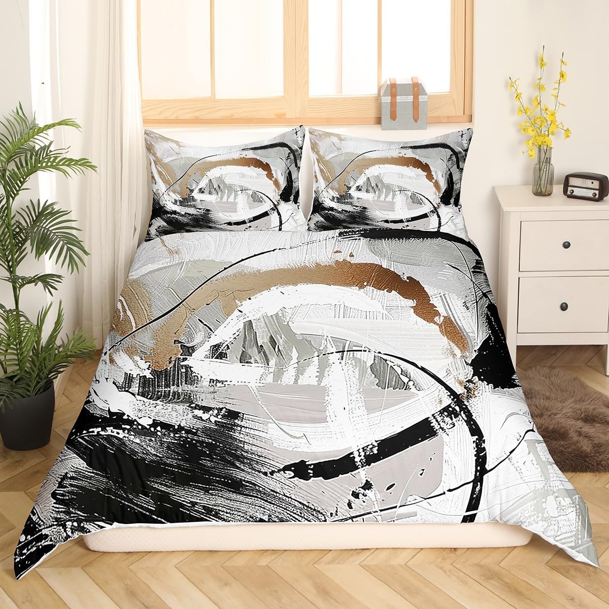 Erosebridal Taupe Brown Duvet Cover Set Gradient Black White Grey Abstract Ombre King Bedding Set,Watercolor Brush Strokes Oil Painting Comforter Cover Modern Graffiti Art Room Decor