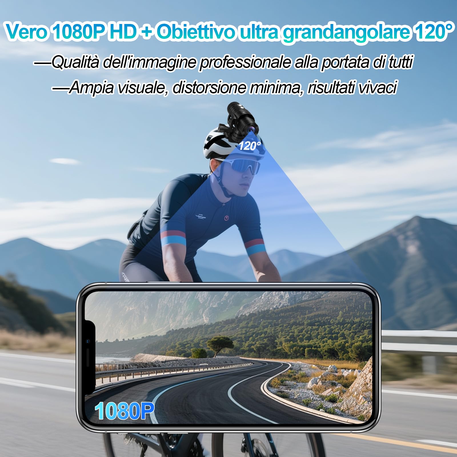 Action Cam Moto, WiFi Stabilizzazione Giroscopica Dash Cam Moto, 7 Ore di Registrazione 1080P HD e Grandangolo 120° Action Camera IP66 Impermeabile per Bici/Moto