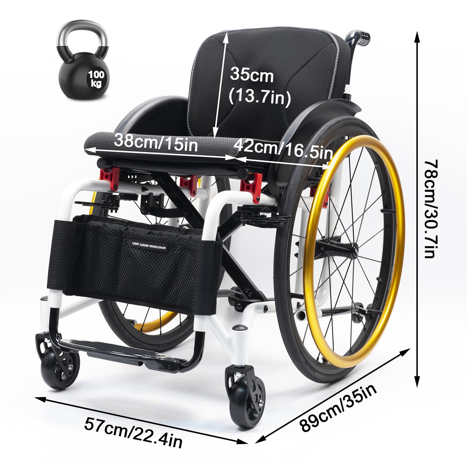 Silla de Ruedas Deportiva Manual Plegable - Ultraligera de Aleación de Aluminio, Ergonómica,sillas de ruedas manuales autopropulsadas,liberación rápida,Altura regulable(Seat width 38cm/15in,C)