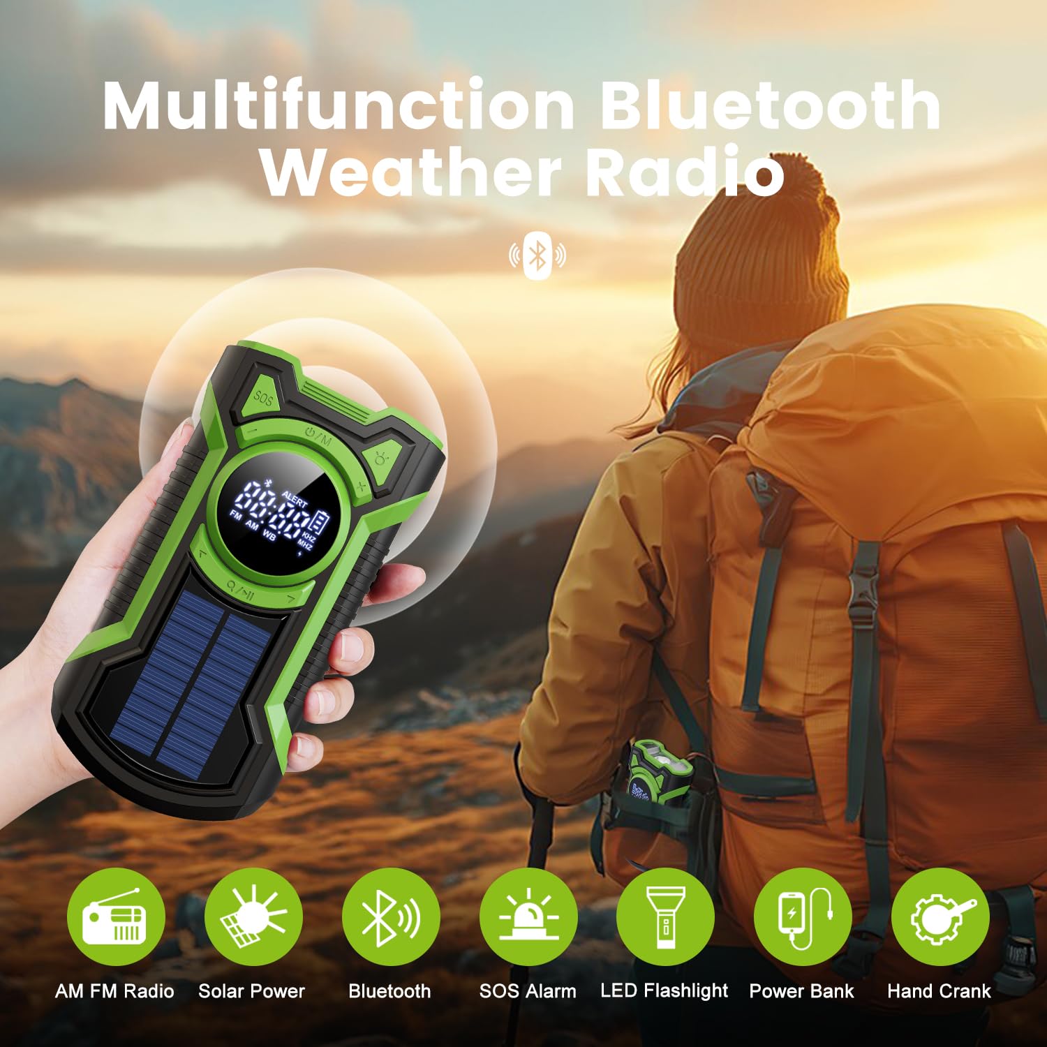 Radio impermeable IPX5 de emergencia meteorológica, Bluetooth portátil AM/FM/NOAA, radio de manivela de mano, carga solar, con linterna y cargador de teléfono celular de 5000 mAh, radio USB o batería
