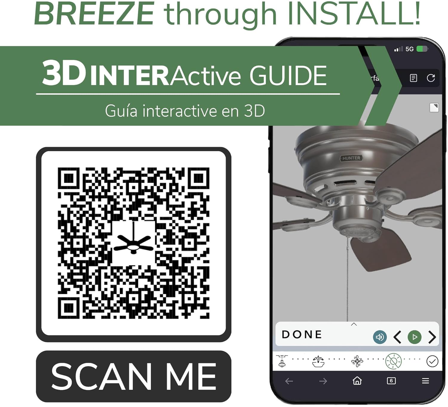 Hunter 42 inch Indoor Ceiling Fan No Light - White Ceiling Fan without Light, Low Profile Mount, 5 Blades, For Bedroom, Living Room, or Kitchen, Pull Chain - Low Profile IV 51059, Snow White