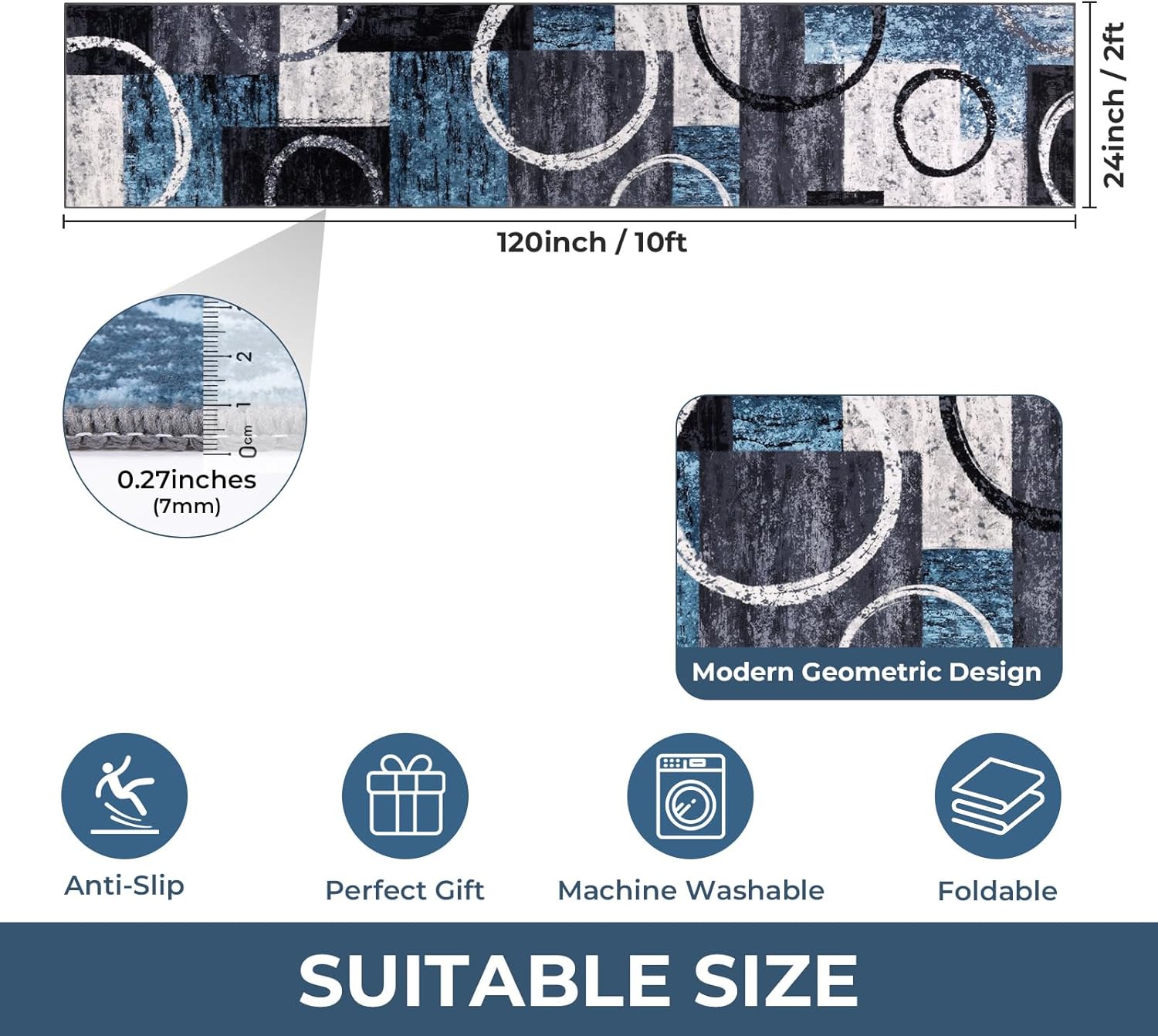 Yamaziot Modern Abstract Runner Rug, Ultra Soft 2x10 Washable Rug with Non-Slip Backing, Low Pile Patchwork Throw Carpet for Hallway, Entryway, Kitchen, Bedroom (Beige, Geometric Circle)