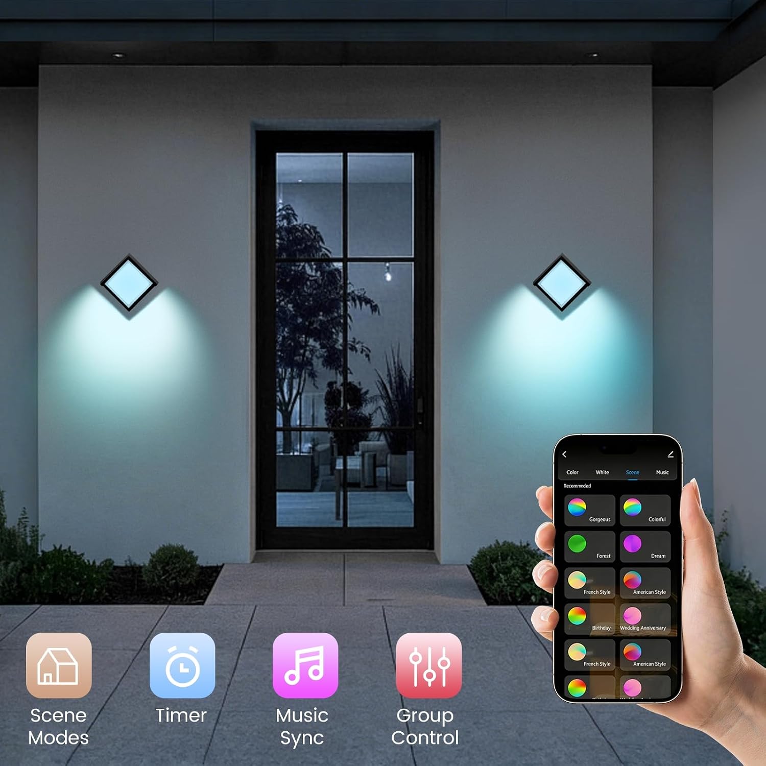 Meevt Smart Outdoor Wall Lights, 1200LM RGBCW Porch Lights, IP65 Waterproof Exterior Wall Sconce, Work with Alexa & Google Assistant, App & Remote Control Wall Lights for Patio, Garage, Square, 2 Pack