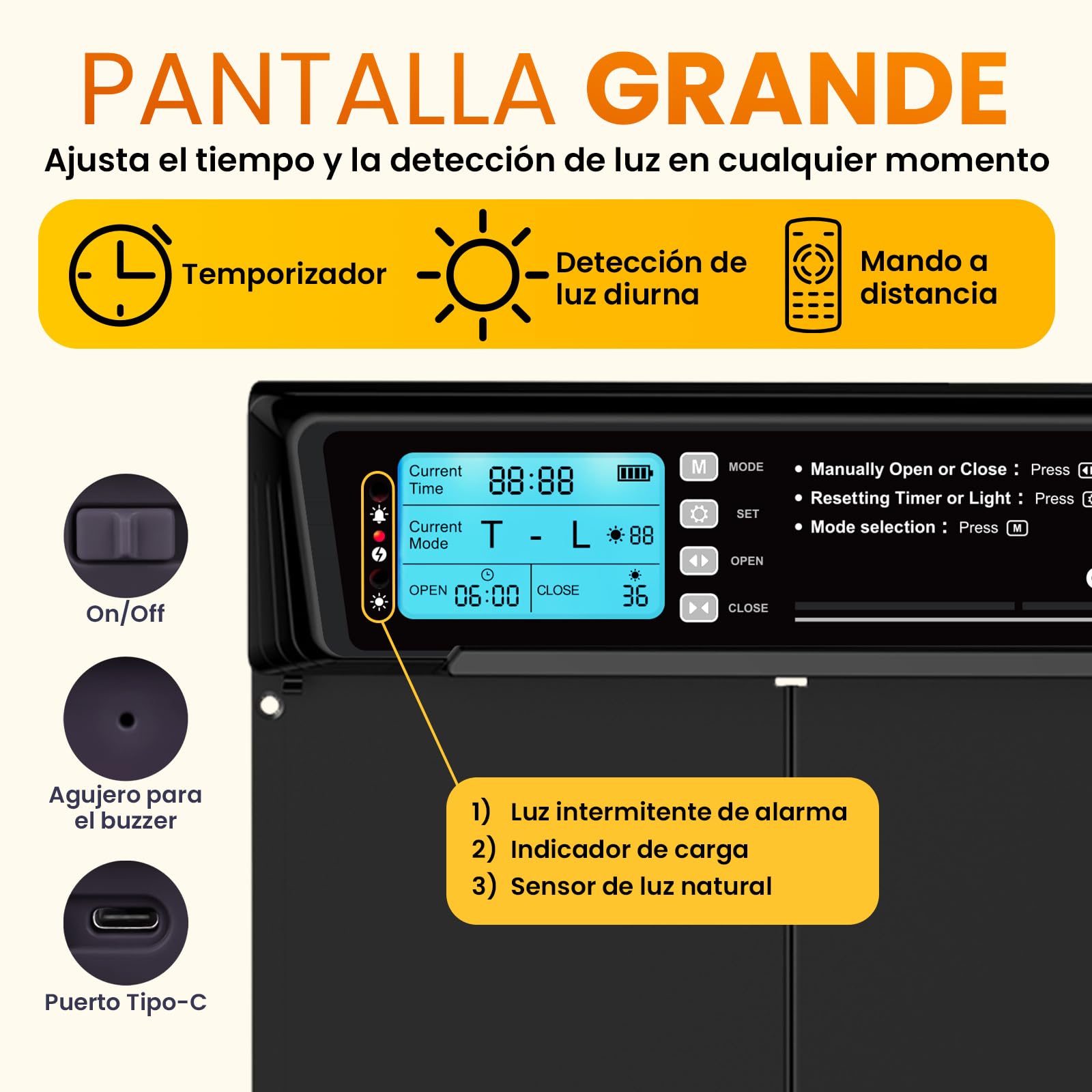 Puerta Gallinero Grande Automática Solar con Mando – Pantalla LCD, Sensor de Luz, Temporizador y Anti-pellizco – Apertura 28,7 x 22,1 cm – Protección 5 años – Negro - Okköbi