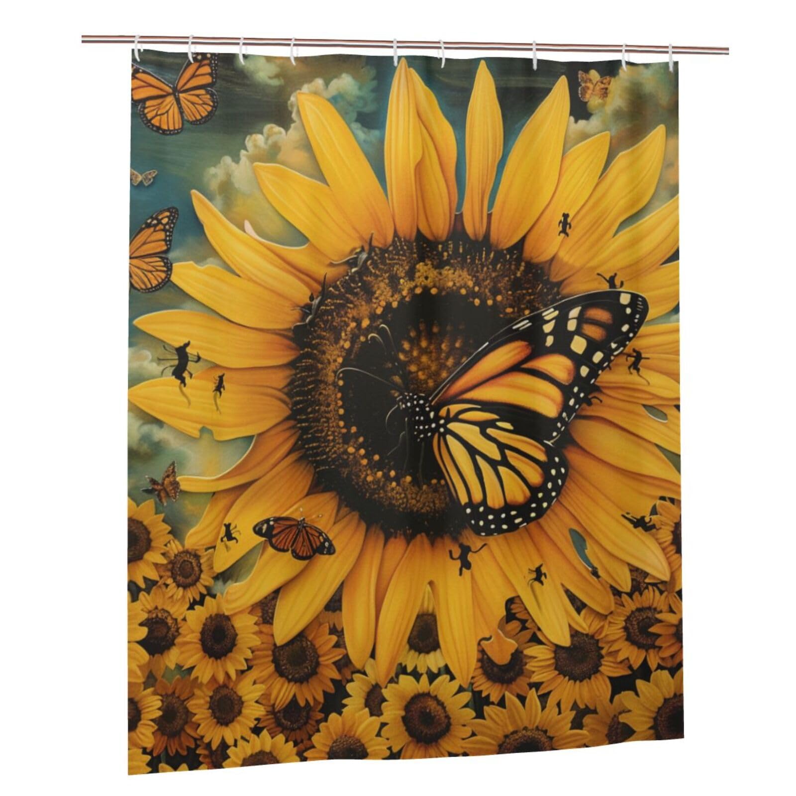 BWWHCCTI butterfly and sunflower Printed Shower Curtain With 12 Plastic Hooks Opaque Quick Drying Waterproof Shower Curtains Sets For Bathroom 152x183 Cm