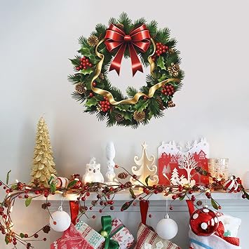 Christmas Wreath Wall Sticker,Peel and Stick Removable Pine Tree Branch Berry Ribbon Bow Christmas Wreath Decal for Door Wall Window Refrigerator New Year Party Decoration