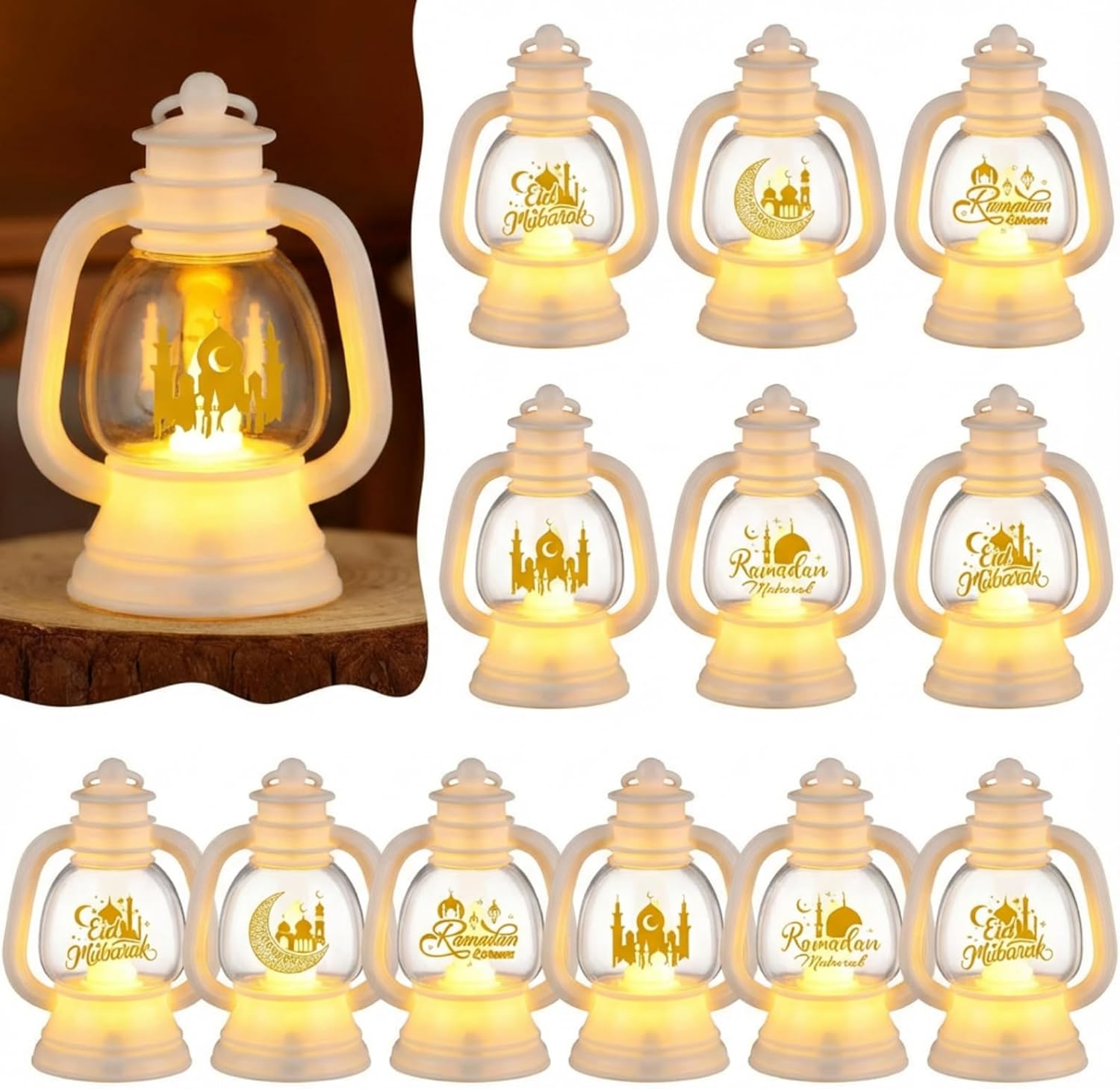 ROCEEI 24 Pcs Ramadan Eid Lantern Mini Gold Lanterns Decorative with LED Candles Small Eid Mubarak Decor Vintage Hanging Lantern Lights for Home Table Centerpiece Party Gift