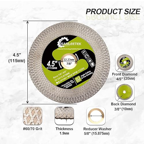Miniatura 2 de Hoja de sierra de diamante para azulejos de 4.5 pulgadas (4.528 in), disco de molienda para azulejos de cerámica, cerámica, mármol, piedra