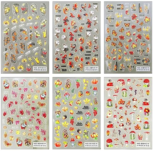 Miniatura 2 de 6 calcomanías de otoño para arte de uñas, hojas de arce 3D, autoadhesivas, hojas de otoño, suministros de arte de uñas, calabaza, hongos, piñones,