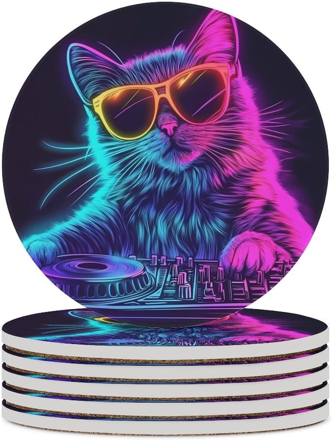 Rainbow DJ Cat Coasters for Drink Round Ceramic Coaster with Cork Base Home Decorative 6PCS