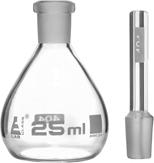 EISCO Pycnometer, Calibrated, 25mL - Specific Gravity Bottle with Flat Bottom & Perforated Stopper - Borosilicate 3.3 Glass