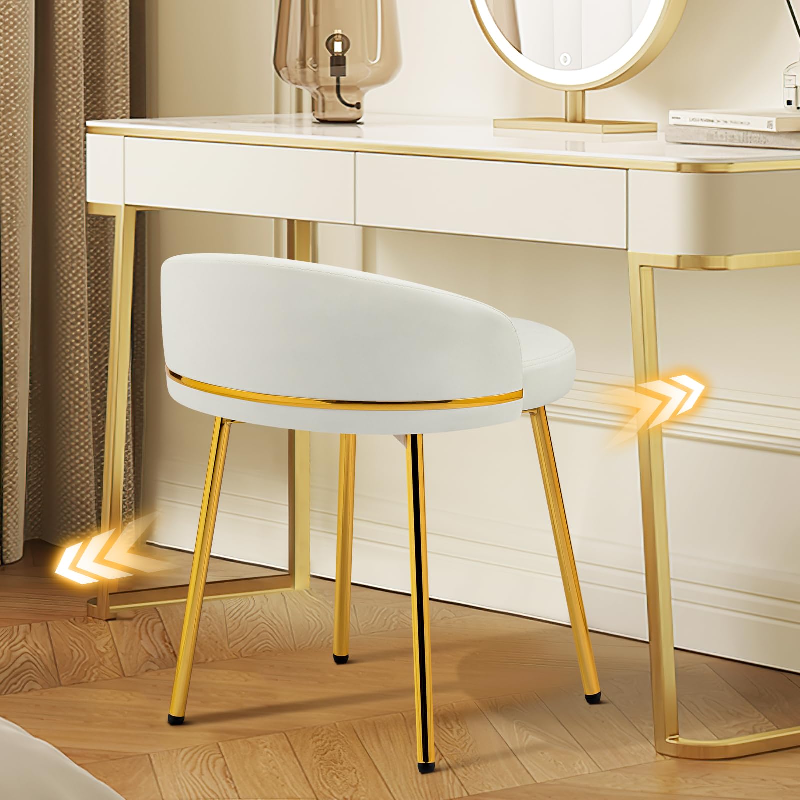 Hellove Tabouret Coiffeuse avec Pieds en Métal Doré, Tabouret de Maquillage Moderne Rond, Chaise de Coiffeuse en Cuir, Stool de Pied avec Dossier Courbé pour Salle À Manger, Chambre, Salon, Blanc
