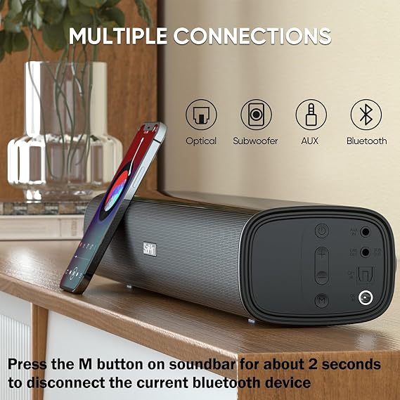 Saiyin Sound Bar for TV, 40 Watts Small Soundbar, Surround Sound System Sound Bar with Bluetooth 5.3/Optical/AUX Connection for PC/Gaming/Projectors,17inch