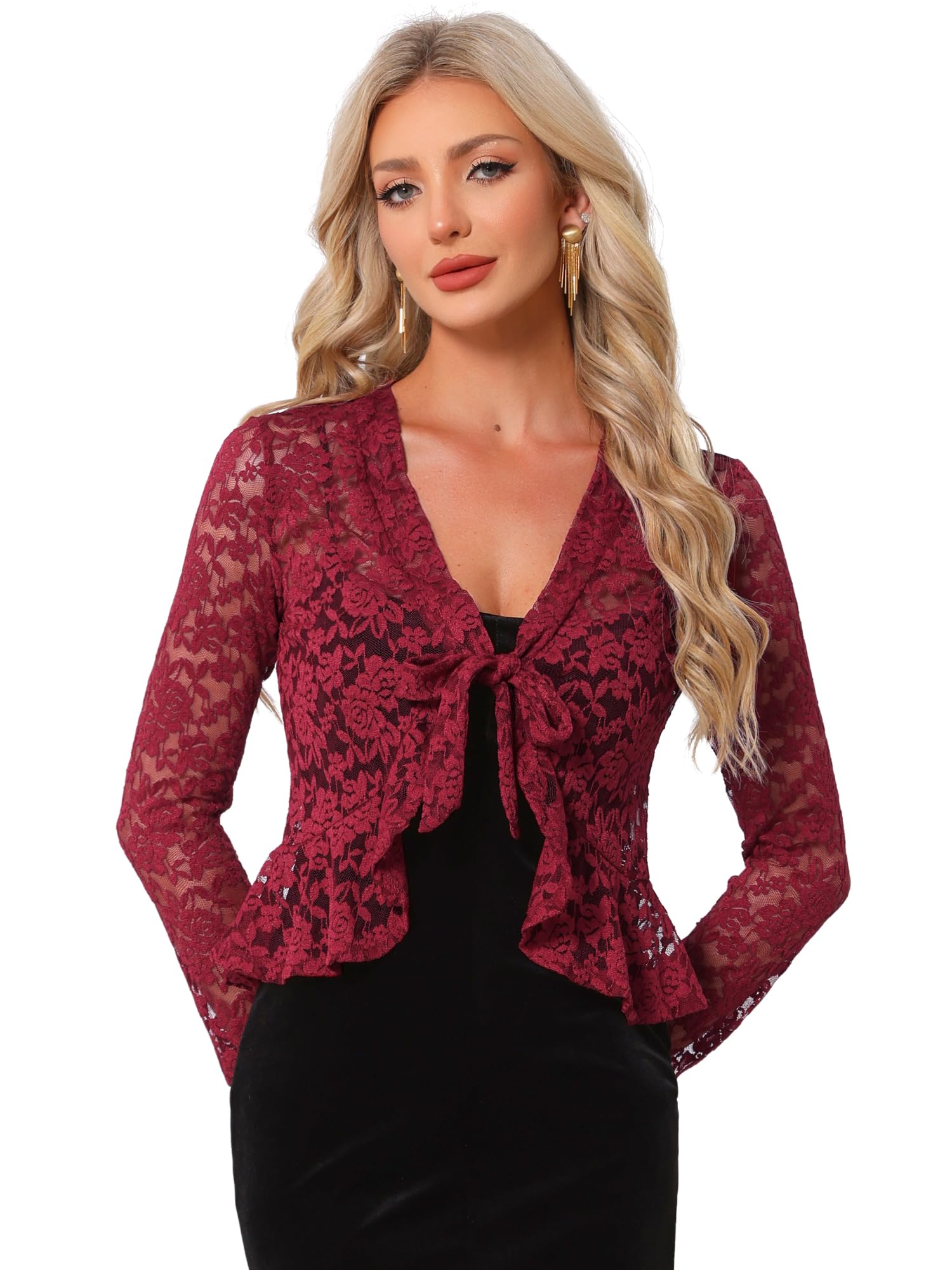 Allegra K Cardigan à Nouer sur Le Devant pour Femmes avec Ourlet à Volants en Dentelle Florale