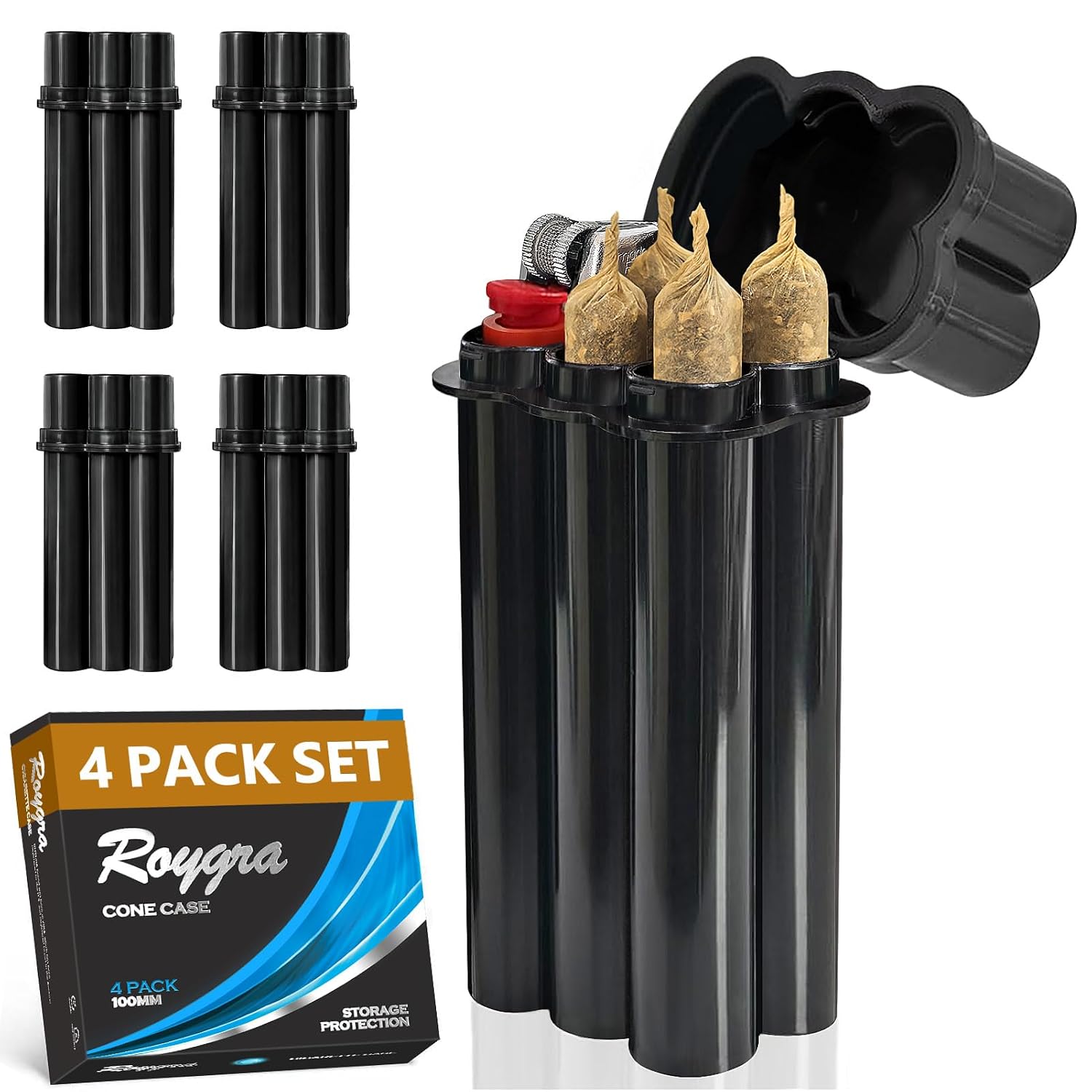 (4 Pack) King Size Pre-roll Cone Holder Case, 4-Hole Cigarette Case for Regular Size with Lighter Holder, 4 or 6 Capacity Container Storage Box, Small Smoking Accessories for Pre Rolled Rolling Paper