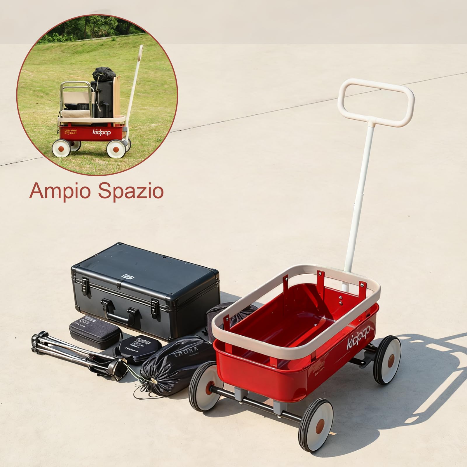 Kidpop PULA-Wild 3 in 1- Carrello a mano per bambini, 2,5-8 anni, copertura in legno rimovibile e manubrio regolabile, regalo di compleanno, peso massimo 16 kg, rosso
