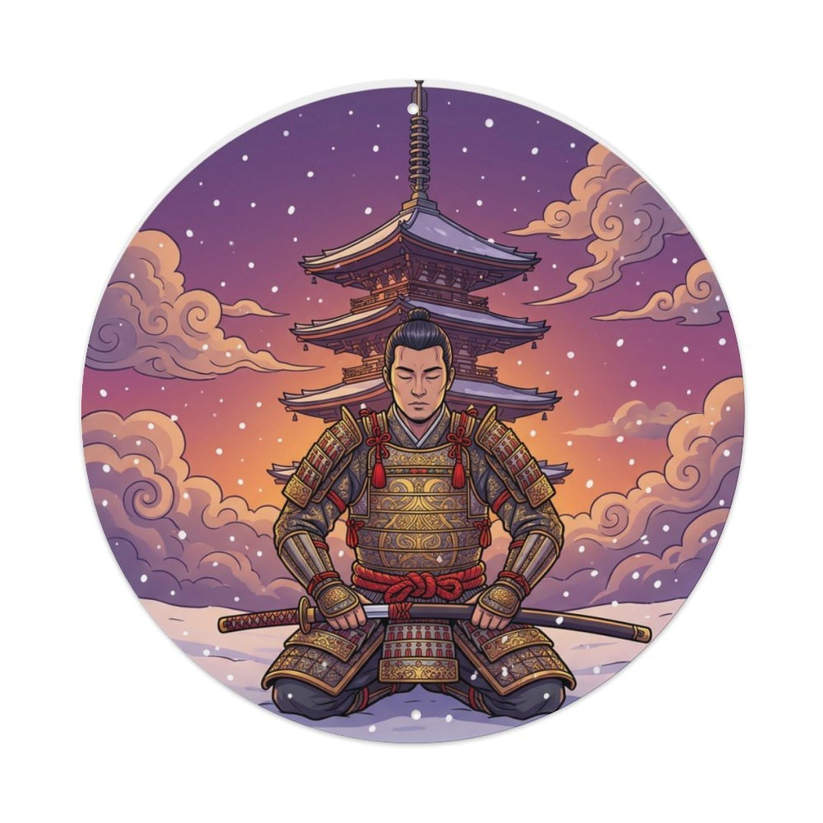 Cwbufd Vintage Style Samurai Warrior Armor Meditation Pagoda Twilight Classic Vintage Metal Tin Sign Plaque Wall Decor For Cafe, Club Bar, Office, Garden Metal Poster 8X8inch