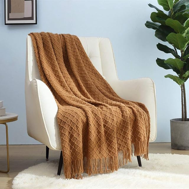 CREVENT Knitted Decorative Throw Blanket for Couch Sofa Chair BedSoft Warm Cozy Light Weight for Spring Summer (127cmX152cm Brown)
