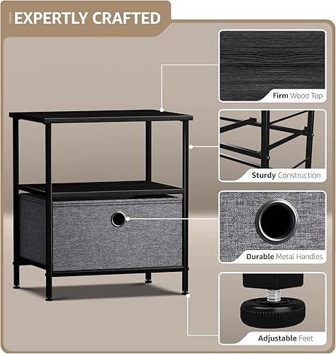 Miniatura 4 de Sorbus Mesita de noche con 1 cajón, mueble de noche y mesa auxiliar con marco de acero, parte superior de madera y contenedores de tela fáciles de