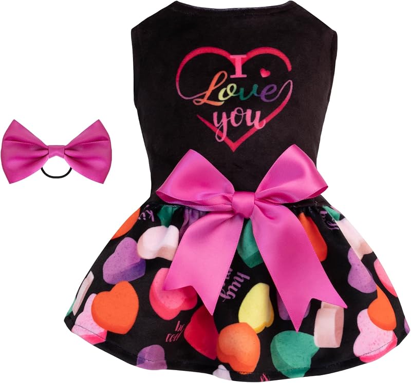 Vestido de Veludo para Cães Pequenos CuteBone I Love U com Laço Preto - Tamanho Grande