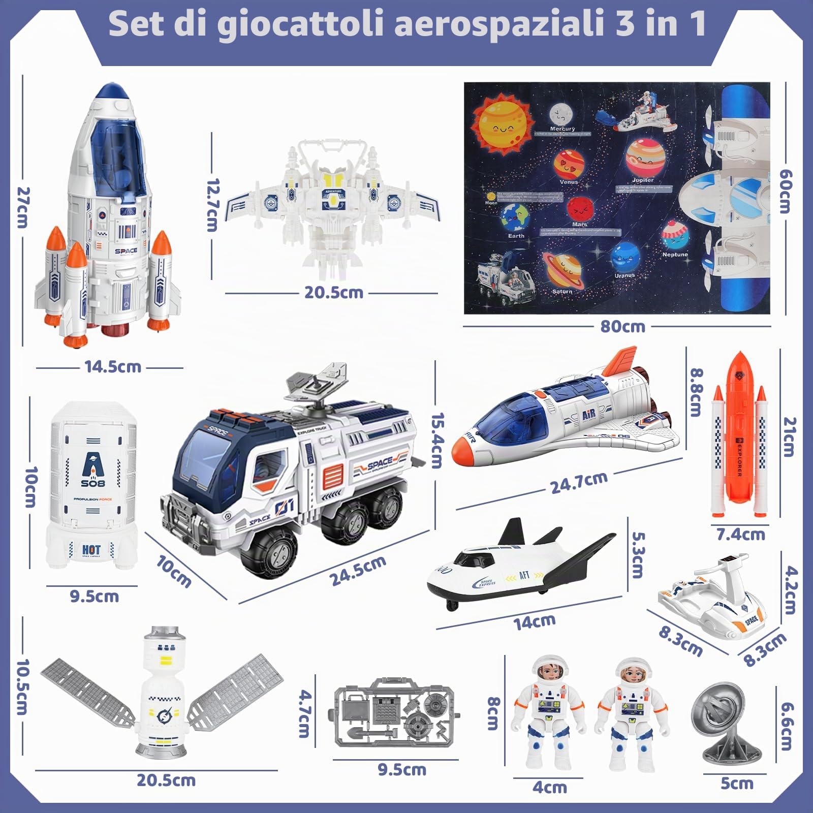deAO Razzo e Navetta Spaziale per Bambini 3+, Giocattolo Educativo STEM con Astronauti, Rover, Stazione Spaziale e Tappetino Sistema Solare