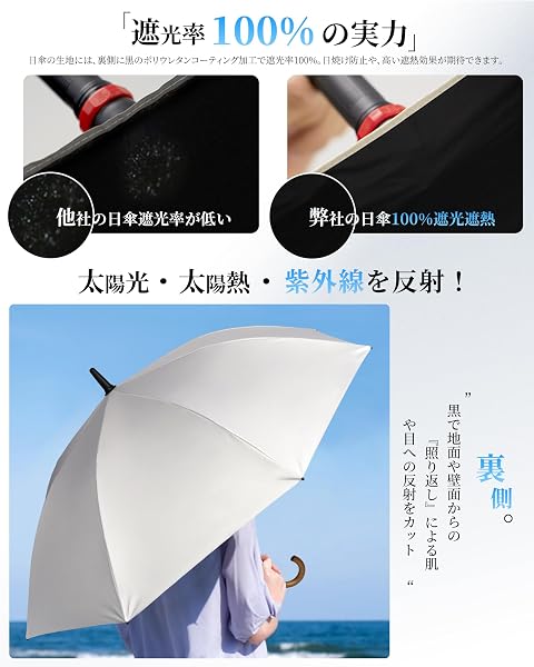 日傘 長傘 【完全遮光100%・UVカット率100%・UPF50+・遮熱・晴雨兼用長日傘】超軽量 メンズ レディース 紫外線対策 日焼け対策 涼しい 丈夫 8本骨 木製ハンドル 親骨58cm 深張り グラスファイバー 耐風 撥水 ワンタッチ ジャンプ傘 - 3
