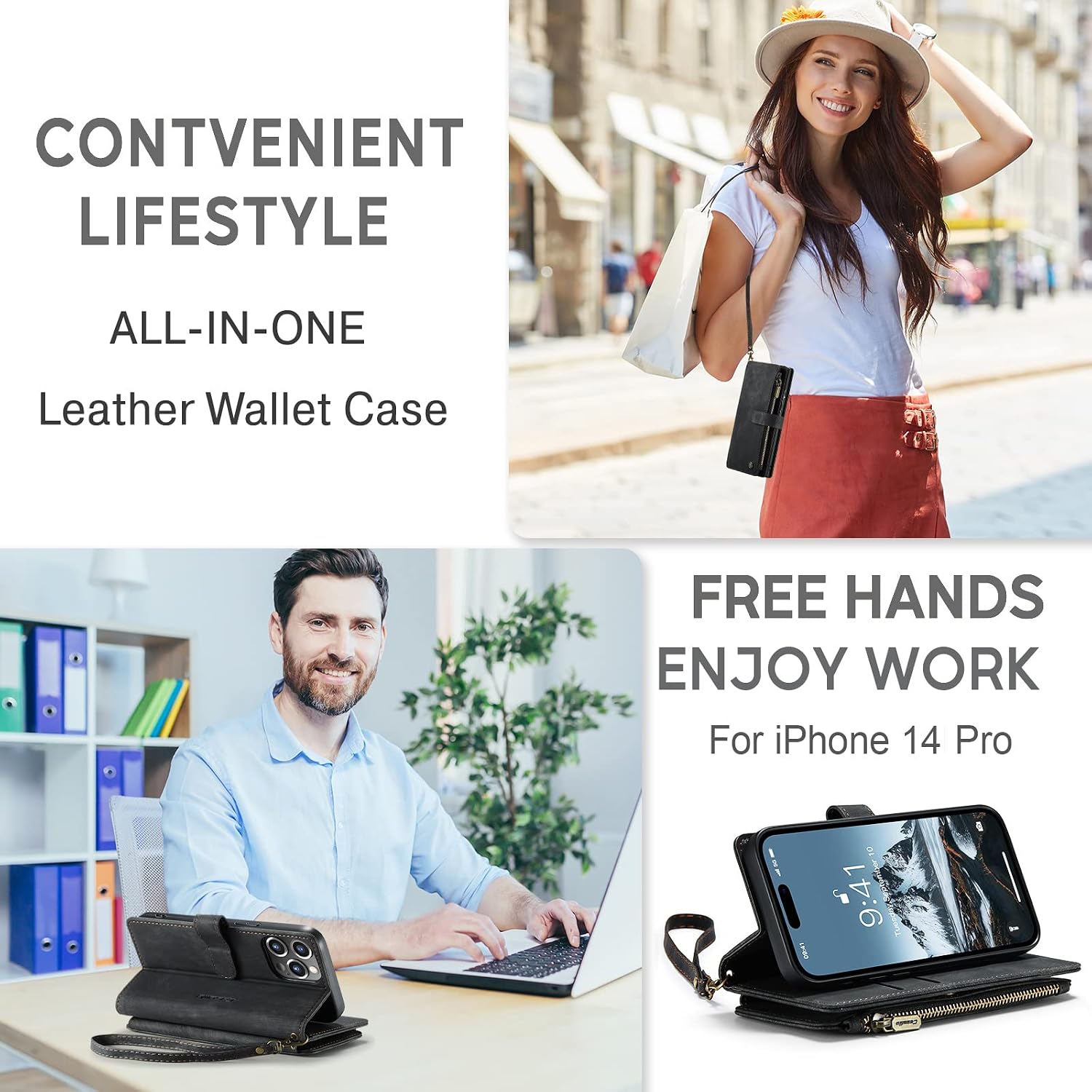 CaseMe iPhone 14 Pro Wallet Case, iPhone 14 Pro Case with Card Holder, 2023 Upgraded iPhone 14 Pro Case for Women Men, iPhone 14 Pro Protective Case with Magnetic Kickstand Wrist Strap, Retro Black