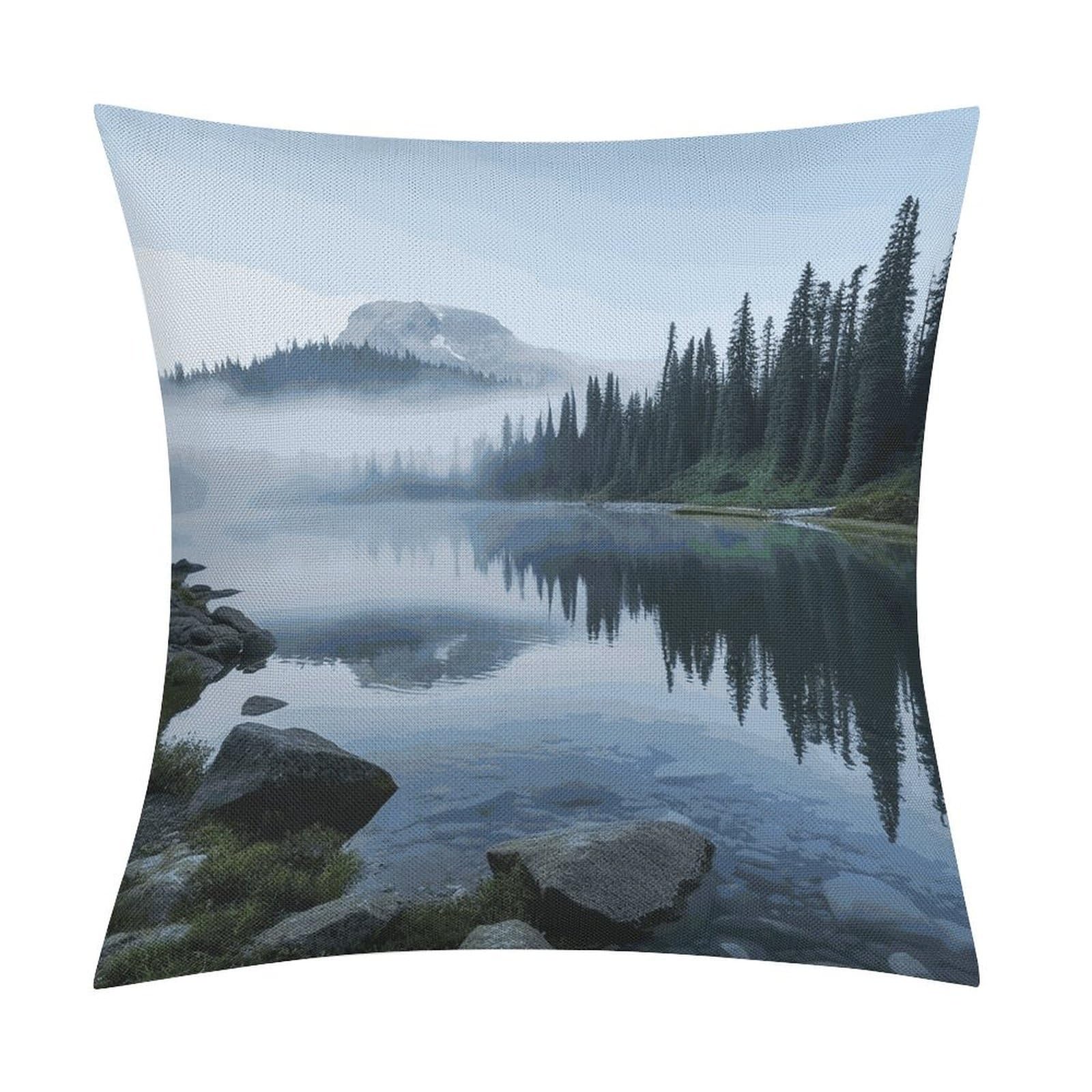 JTREHY Foggy Lake by Mount Rainier Throw Pillow Covers Farmhouse Pillow Cover Standard Pillow Shams Decorative Square Pillowcases Soft Pillow Cases Wrinkle Fade Resistant for Couch Home 18x18 Inch