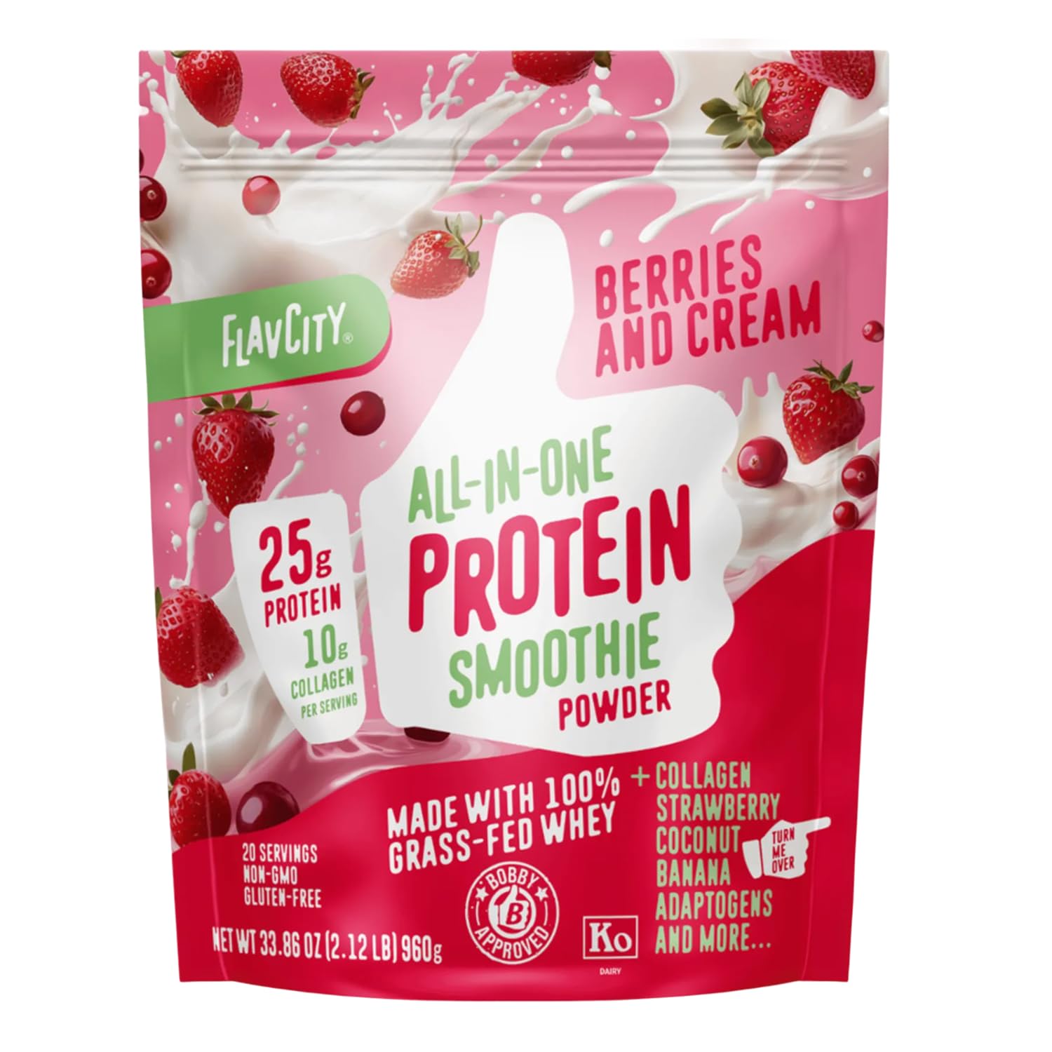 FlavCity Grass Fed Whey Protein Powder - Berries & Cream - 25g Protein & 10g Collagen - Made with Organic Strawberries & Coconut Milk - Gluten Free & No Added Sugars (20 Servings)