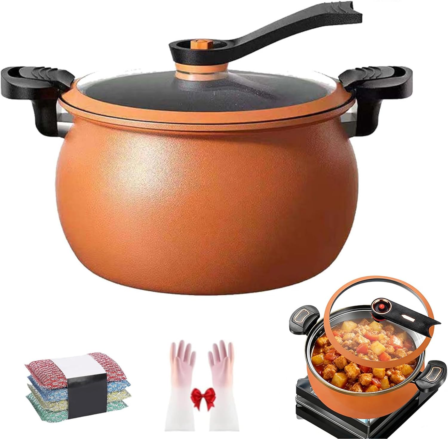 Micro Pressure Cooker, 8.45 Qt Micro Pressure Cooker Multi-Function Non-Stick Stock Pot with Visual Glass Lid & Twist Lock Handles for Soups, Stews & All Stovetops (Orange)