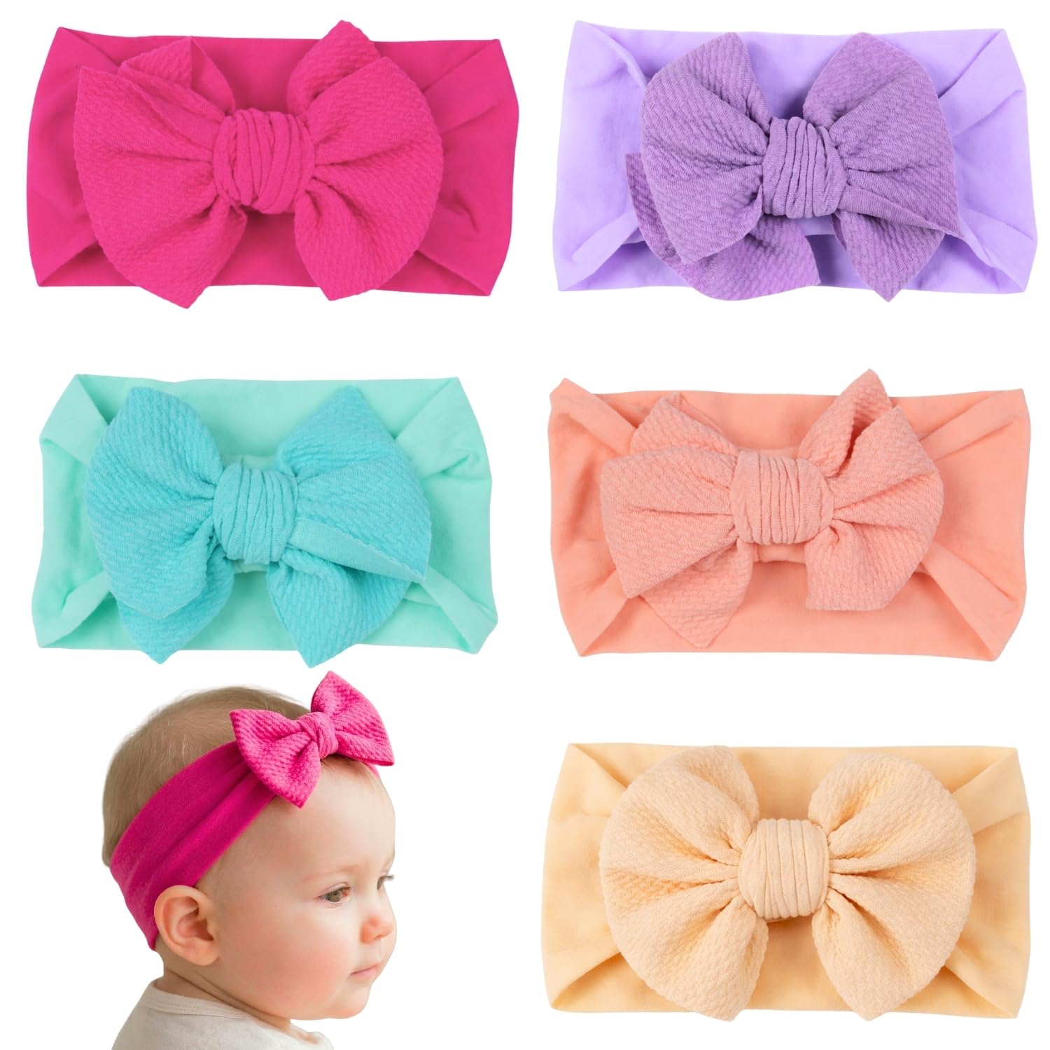 ANNA CREATIONS 5 Pcs Baby Headbands Cute Flower Baby Hairband Soft Elastics Stretchy Bow Head Bands Multicolor Hair Accessories for Baby Girls New Born Kids-image-39