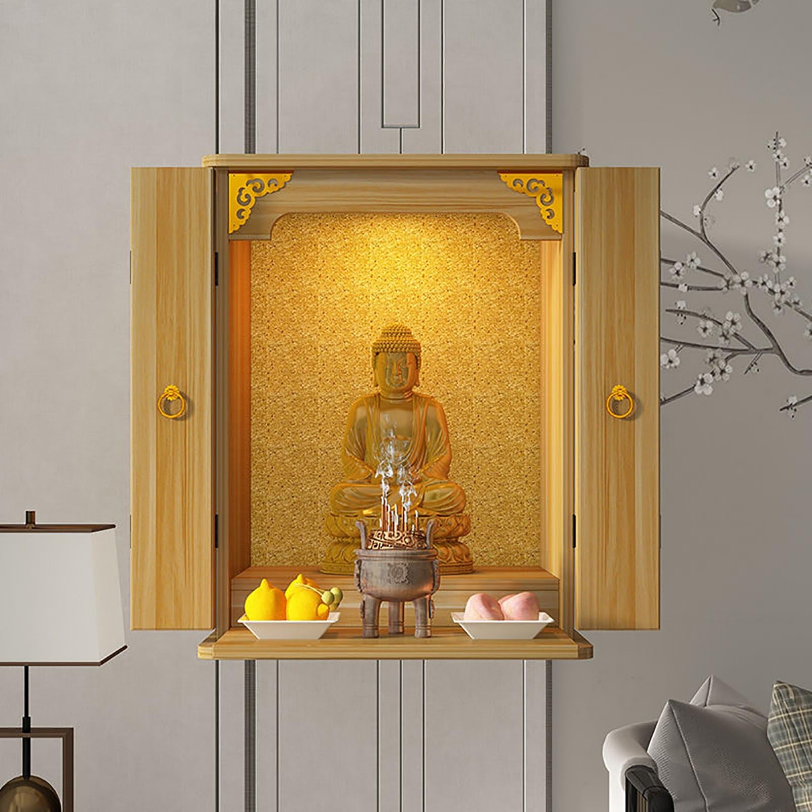 Persönlicher Altartisch, Wandmontierter Buddha-Statuenständer, Altartisch für Puja, Wahrsagerei, Anbetung, Präsentation von Gefäßen, Pflanzen und Büchern (Holz, 60 x 33 x 53 cm / 24 x 13 x 21 Zoll)