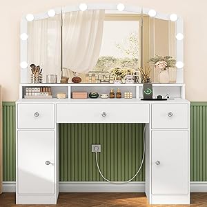 FIONESO Tocador de Maquillaje con 10 Luz LED y Enchufes, 3 Espejos Plegables, Mesa de Tocador con 3 Cajones y Dos Armarios, para Mujer, Dormitorio, Blanco