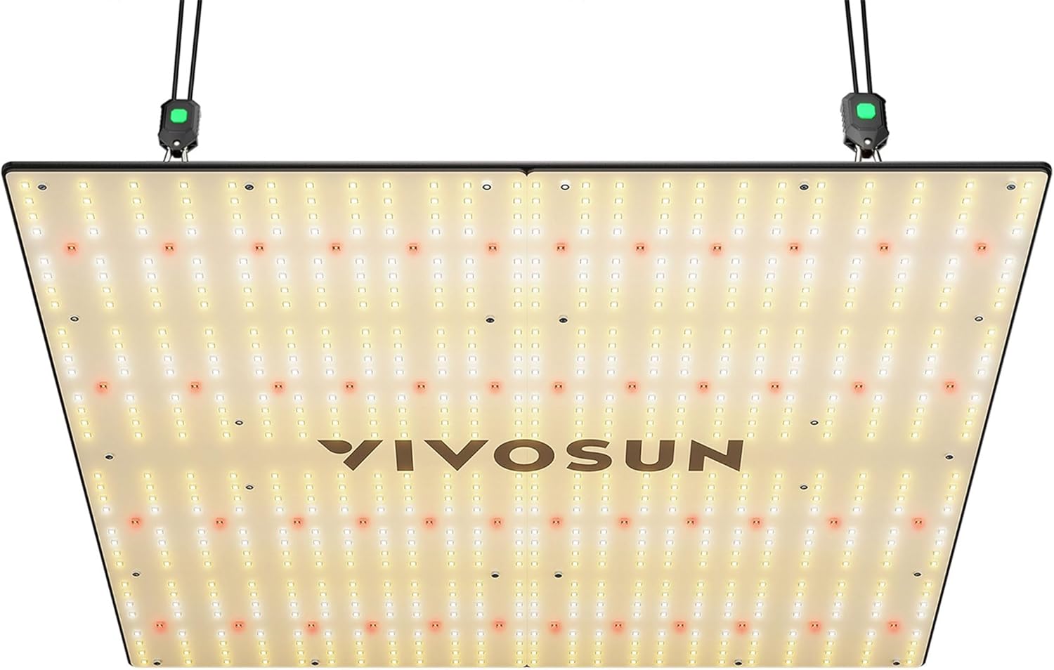 VIVOSUN LumaLight 400W LED Grow Light with hanging ropes and dimming control.