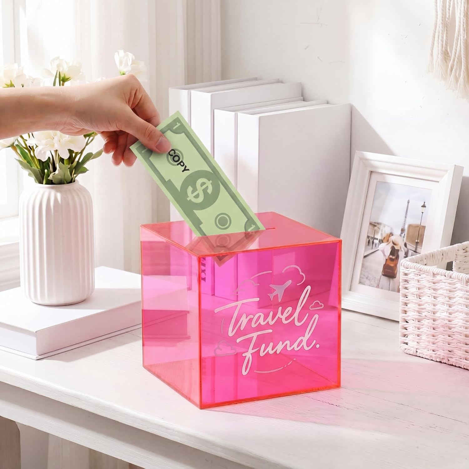 Honeydak 5.9 Inch Travel Fund Pink Piggy Bank with Lock and Key Pink Acrylic Money Saving Box for Cash Coins Real Money