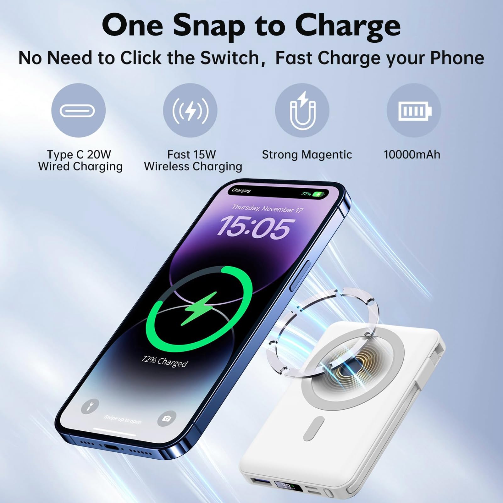 Yiisonger per Magsafe Powerbank 10000mAh, Caricatore Portatile Magnetico Wireless 22,5W, Ricarica Rapida con Display LED e cavo di ricarica USB-C/Lighting per iPhone 16/15/14/13/12 Pro/Pro Max/Plus
