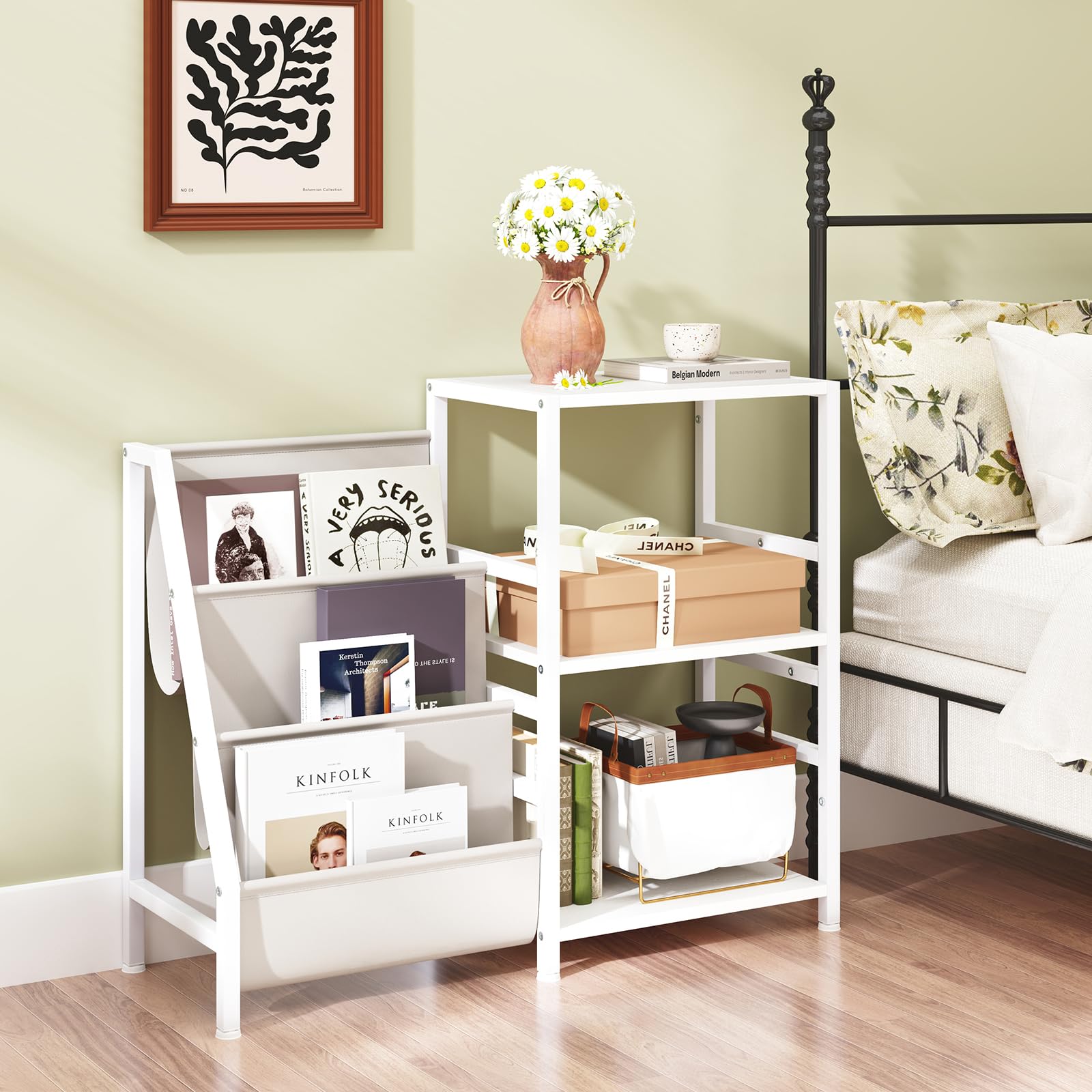 COSTWAY Supporto per Giradischi per Vinili, Porta Giradischi Vinili Fino a 200 Album con 3 Ripiani, 6 Tasche di Archiviazione e Struttura in Metallo, per Casa Studio e Caffè, 125x30x69 cm (Bianco)