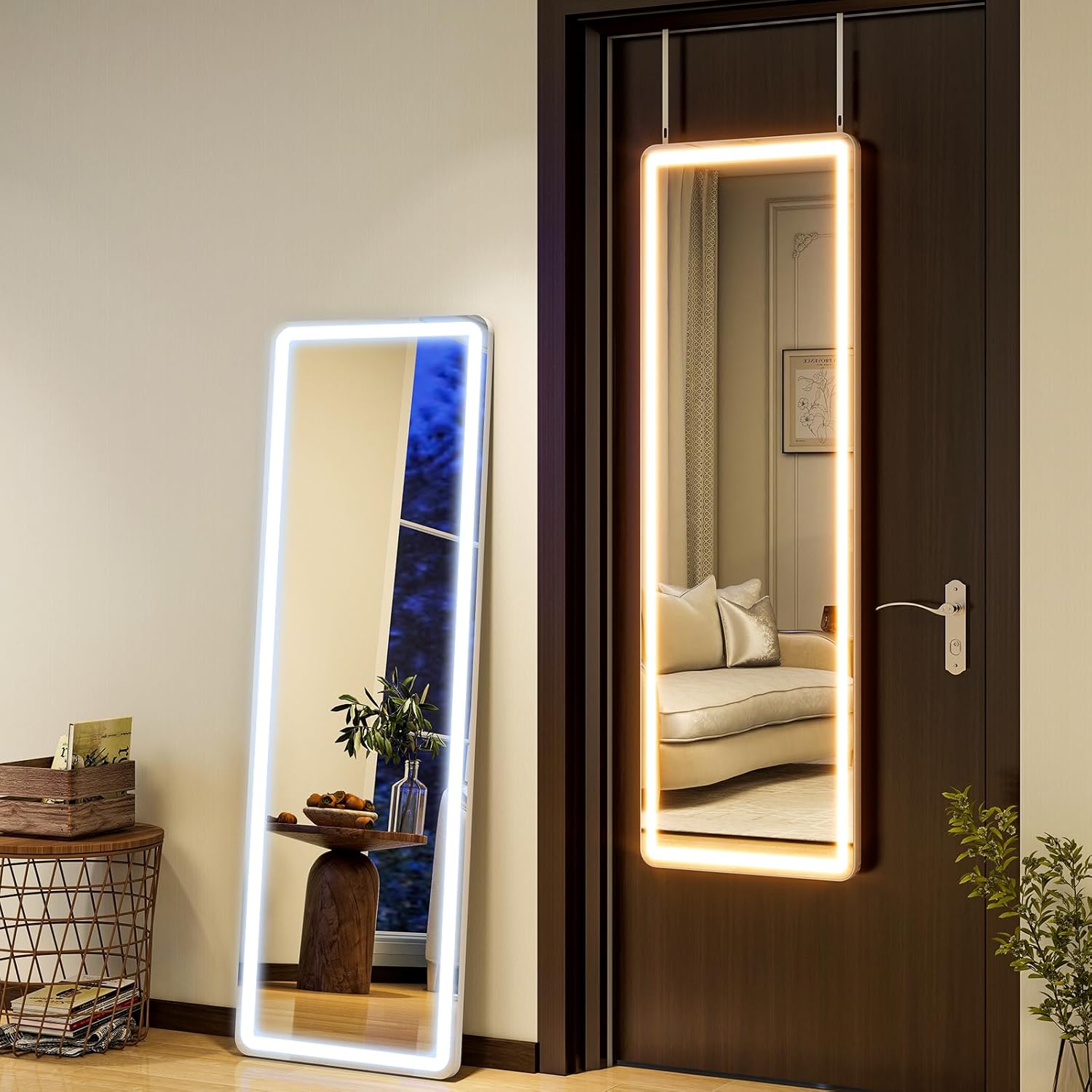 Full Length Mirror with Lights,Tempered Glass 16"x48" Led Full Length Mirror with Dimming & 3 Color Lighting,Door Hanging & Standing Ideal for Bedroom, Dressing Room, Cloakroom Rectangle 48"L×16"W Rectangle