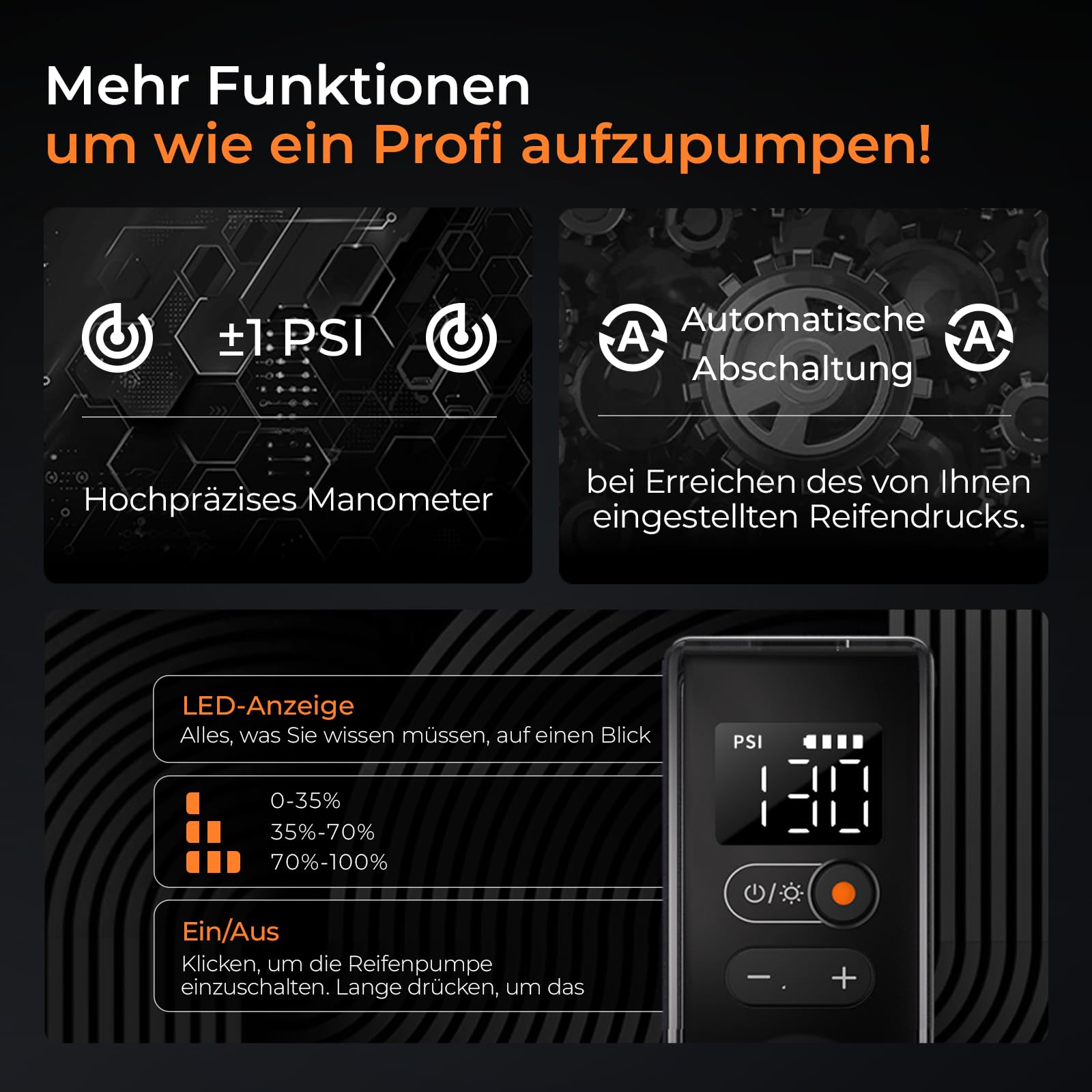 FLEXTAILGEAR Mini Fahrradpumpe Elektrisch, 130 PSI Tragbar mit Manometer & Rücklicht, Automatische Abschaltung, Presta & Schrader-Ventil für E-Bike, Mountainbike, City- & Rennrad