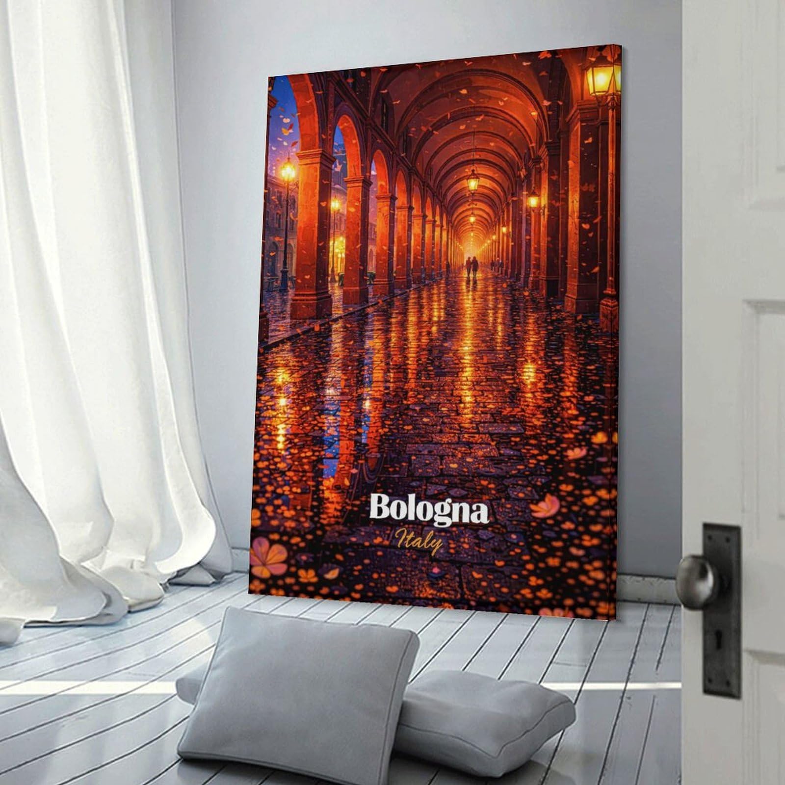 Junmoney Decorative Canvas Print Bologna Italy Arches at Night, 20x30inch(50x75cm), for New Homes, Bedrooms Or Workspaces, Thoughtful Wall Decor for Art Lovers