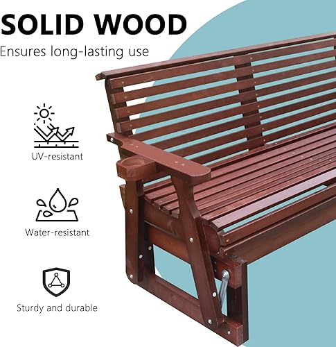 Miniatura 5 de Mecedora para exteriores de 2 plazas, mecedora de madera de 5 pies con respaldo alto enrollable, portavasos y contorno profundo para porche, jardín,