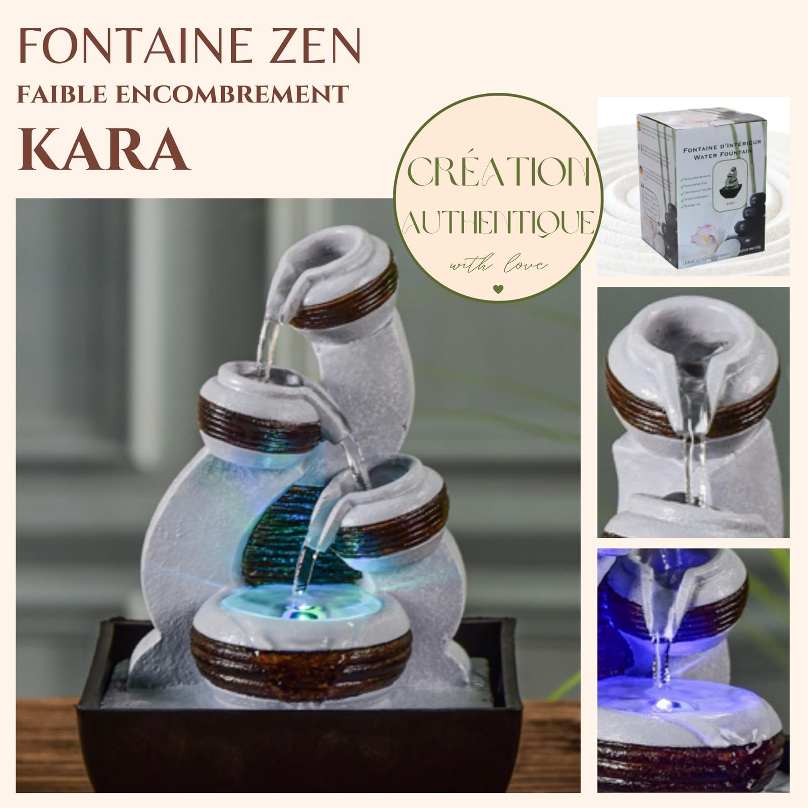 Fontaine Kara - Fontanna do wnętrz Wodospad Słoik - Dekoracja wnętrz Zen Relax - Pomysł na prezent - Fontanna stołowa LED - Obwód zamknięty - Czarny i szary - Wysokość 18 cm - Zen'Light