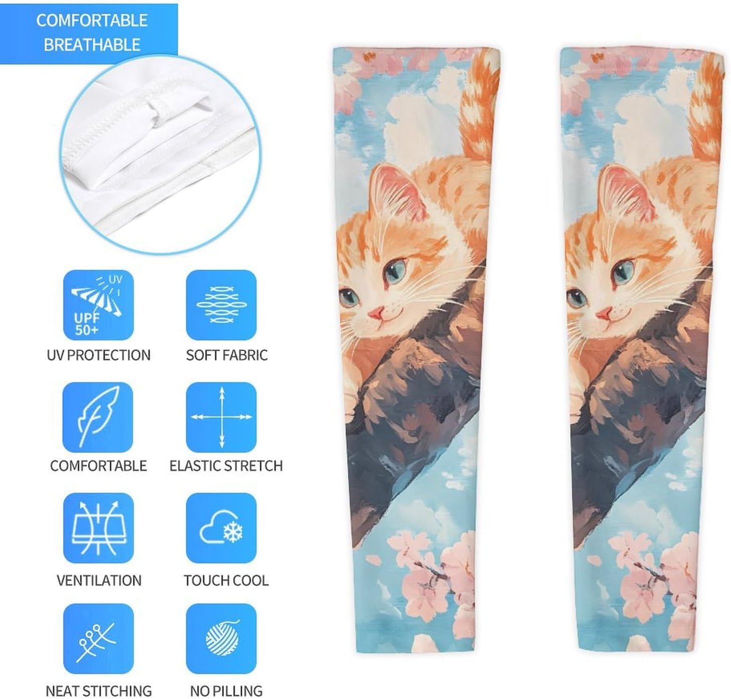 Tree Climbing Cat Arm Sleeves Cooling Sun Protection Sports Compression for Golf Basketball