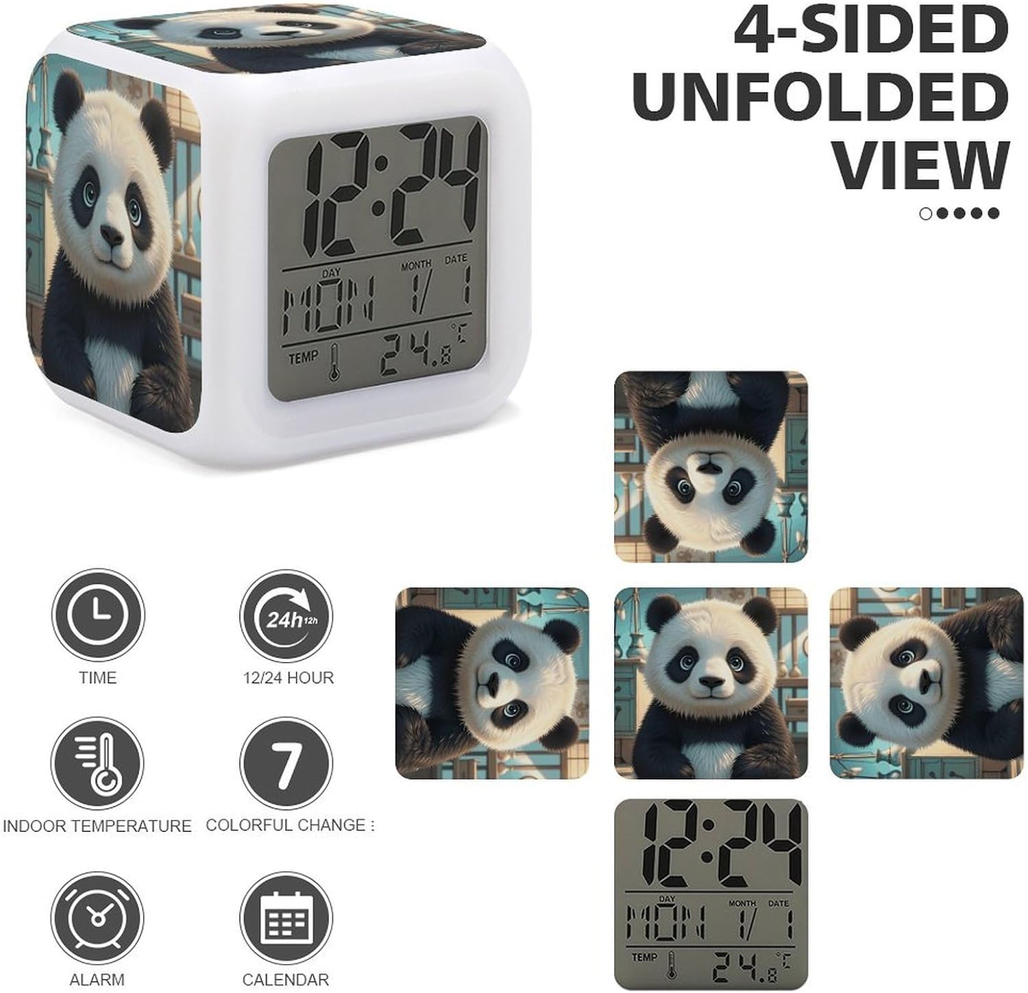 7 Color LED Digital Alarm Clock Cube Bedside Clock with Temperature Display Snooze & Night Light Battery-Powered Anime Panda Face Wake Up Clocks 3.1" Dimmable Lamp for Bedroom Dorm Decor image 3