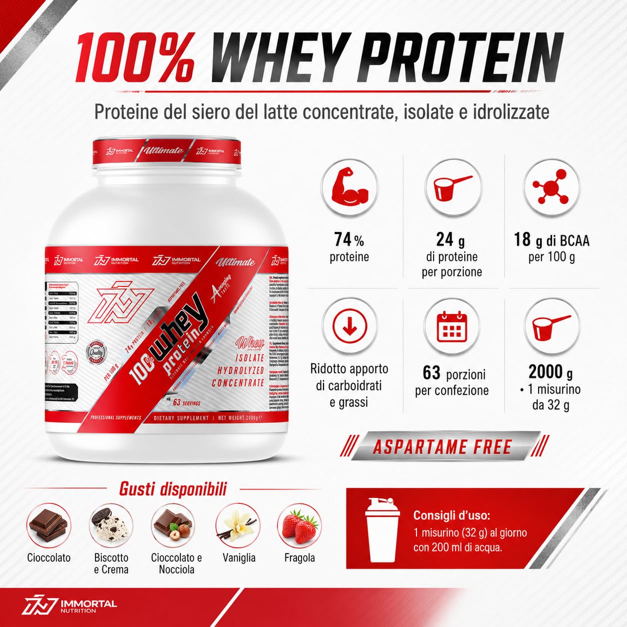 Proteine in Polvere | 100% Whey Protein Immortal Nutrition - Proteine del Siero del Latte Isolate, Idrolizzate e Concentrate - Integratore per la Massa Muscolare (2000 g, Biscotto e Crema)